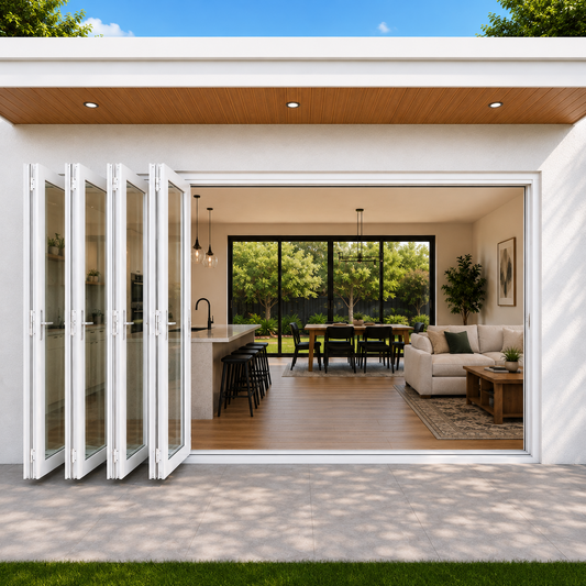 ROZAN 192 x 80 white aluminum bifold door with 5 panels, left-opening outswing configuration