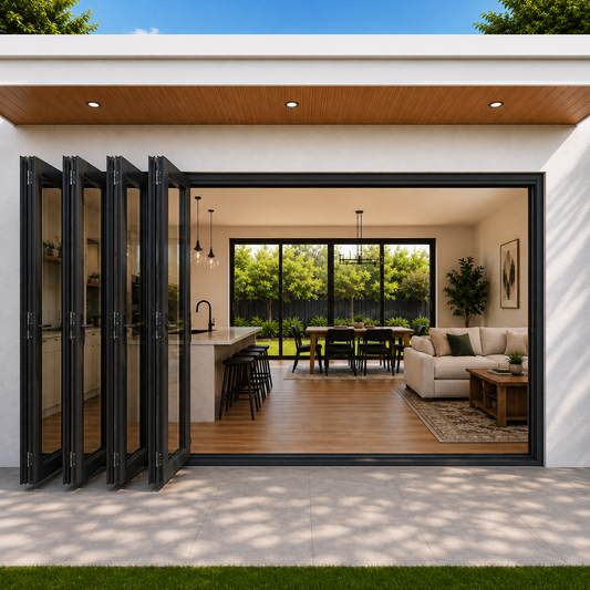 ROZAN 216 x 80 black aluminum bifold door with 7 panels, left-opening outswing configuration