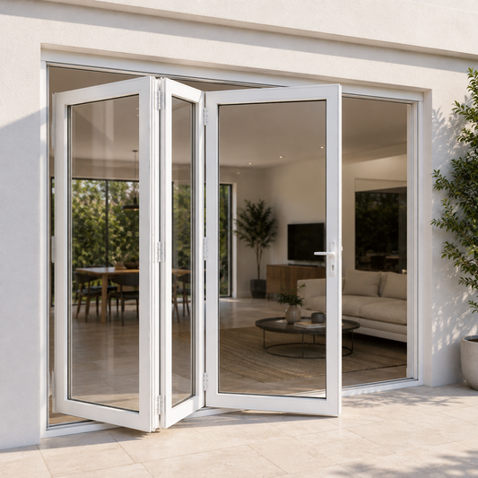 ROZAN 72 x 80 white aluminum bifold door with 3 panels, left-opening outswing configuration