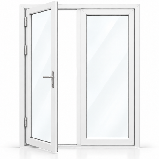 60 x 80 white aluminum French patio door, 2 panels, left active panel outswing configuration