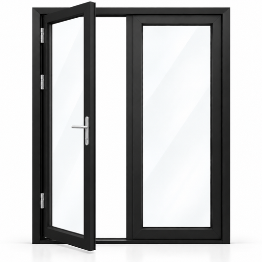72 x 96 black aluminum French patio door, 2 panels, left active panel outswing configuration