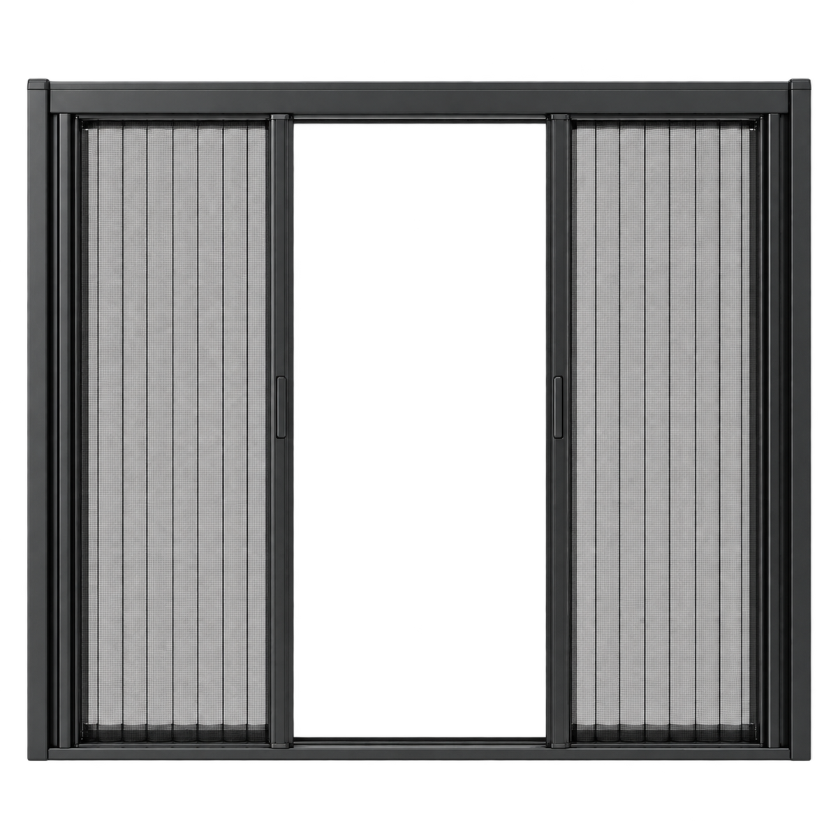 Black center-opening retractable screen with dual panels retracting to both sides