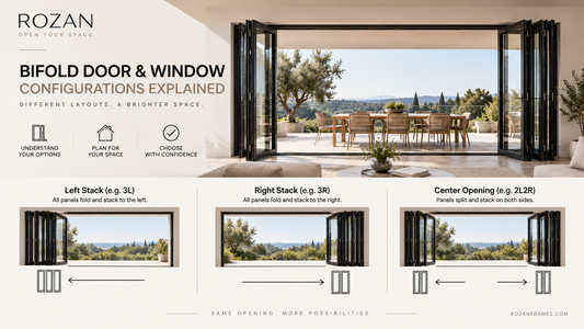 Bifold door and window panel configurations showing left stack, right stack, and center opening options