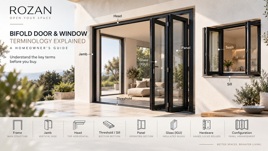 Bifold door and window terminology guide showing frame, jamb, head, threshold, panel, glass, and sill