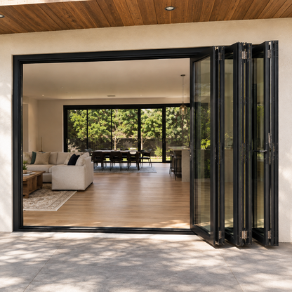 ROZAN 120 x 80 black aluminum bifold door with 3 panels, right-opening outswing configuration