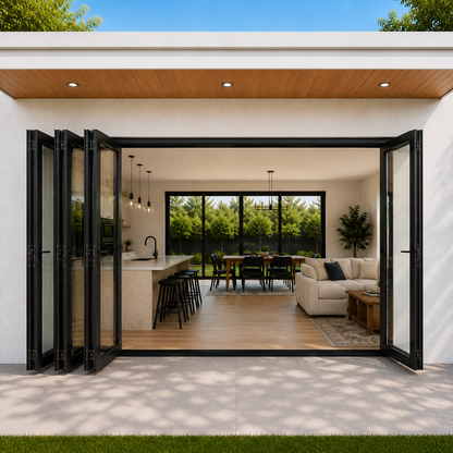 ROZAN 120 x 80 black aluminum bifold door with 4 panels, 1R3L outswing configuration