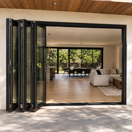 ROZAN 120 x 96 black aluminum bifold door with 3 panels, left-opening outswing configuration