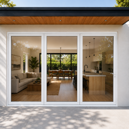 ROZAN 120 x 96 white aluminum bifold door with 3 panels, outswing configuration