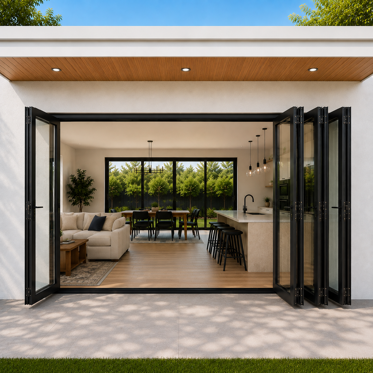 ROZAN 120 x 96 black aluminum bifold door with 4 panels, 1L3R outswing configuration