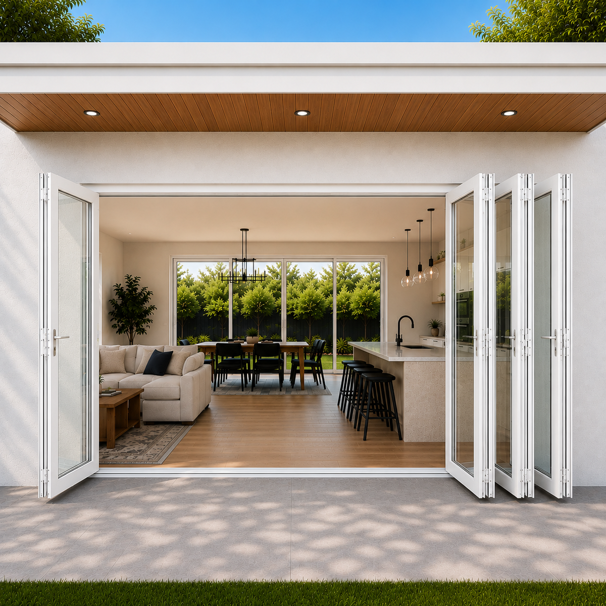 ROZAN 120 x 96 white aluminum bifold door with 4 panels, 1L3R outswing configuration