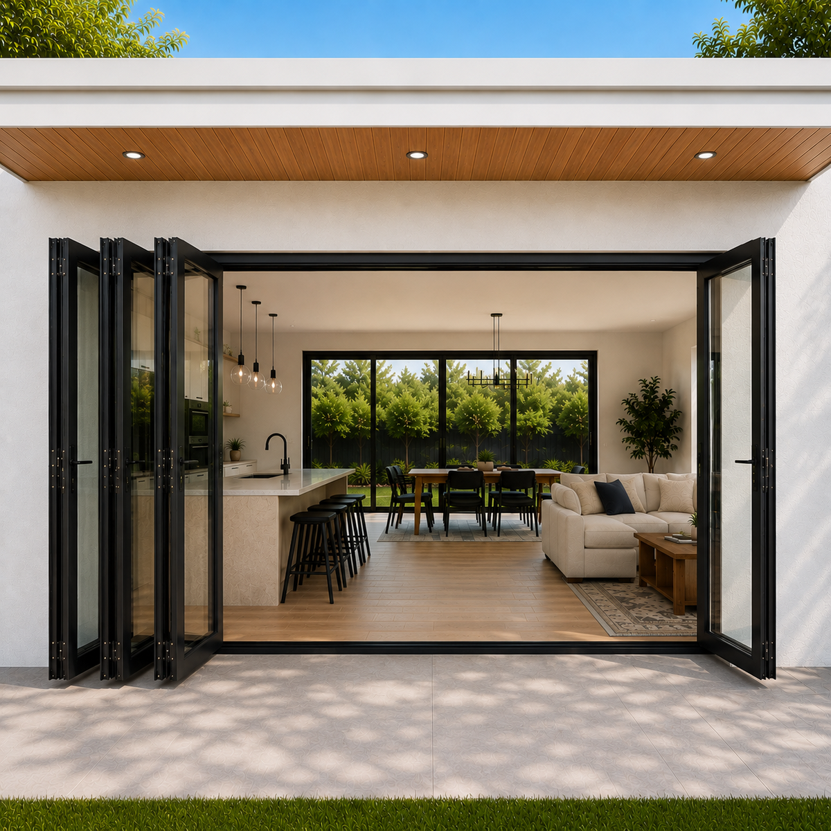 ROZAN 120 x 96 black aluminum bifold door with 4 panels, 1R3L outswing configuration