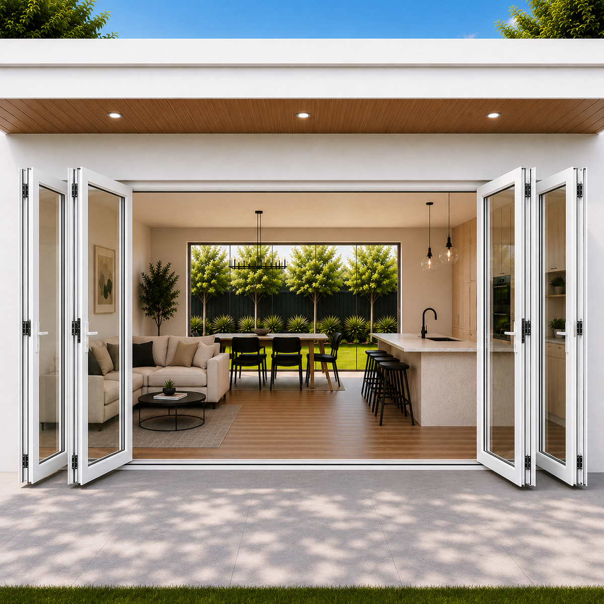 ROZAN 144 x 80 white aluminum bifold door with 4 panels, 2L2R outswing configuration