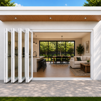 ROZAN 144 x 80 white aluminum bifold door with 5 panels, left-opening outswing configuration
