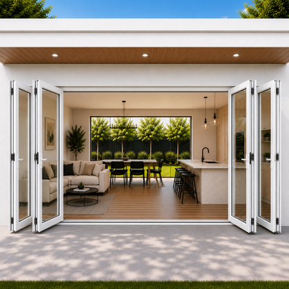 ROZAN 168 x 96 white aluminum bifold door with 4 panels, 2L2R outswing configuration