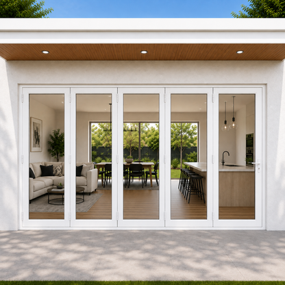 ROZAN 168 x 96 white aluminum bifold door with 5 panels, outswing configuration