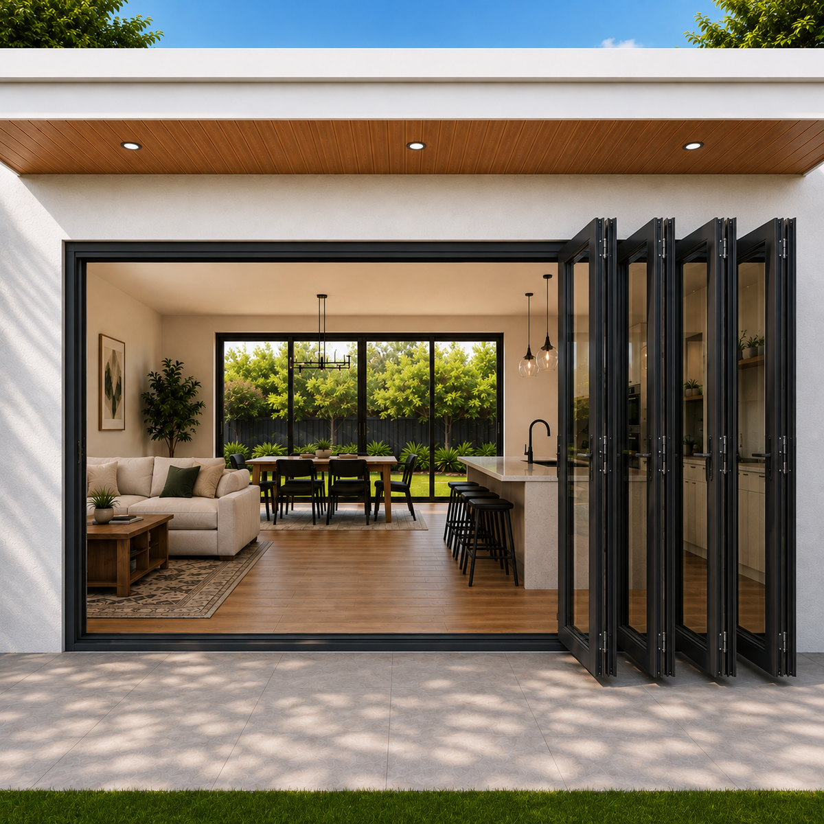 ROZAN 192 x 80 black aluminum bifold door with 5 panels, right-opening outswing configuration