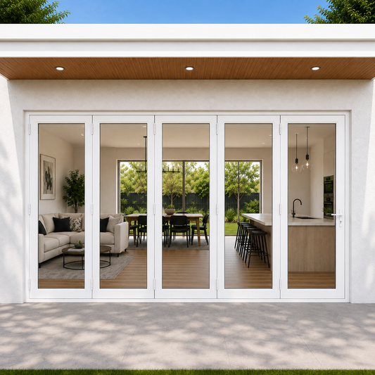 ROZAN 192 x 80 white aluminum bifold door with 5 panels, outswing configuration