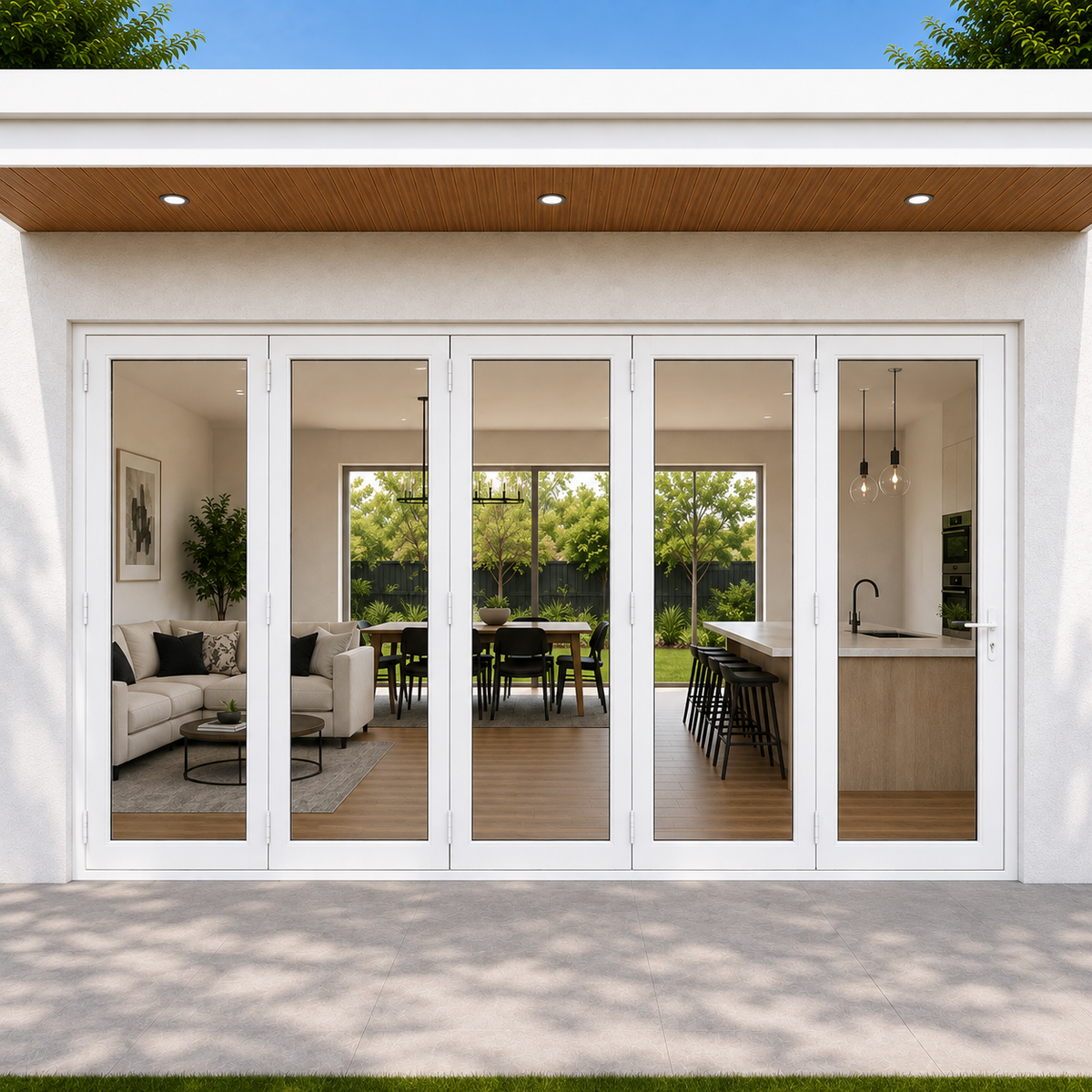 ROZAN 192 x 96 white aluminum bifold door with 5 panels, outswing configuration