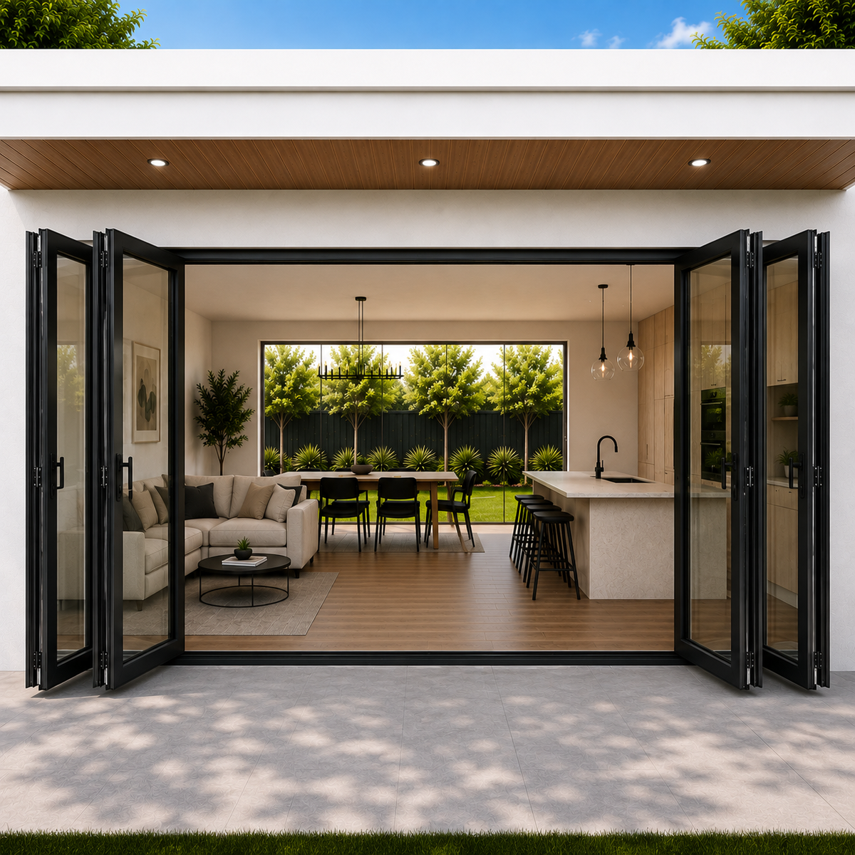 ROZAN 216 x 80 black aluminum bifold door with 6 panels, 3L3R outswing configuration