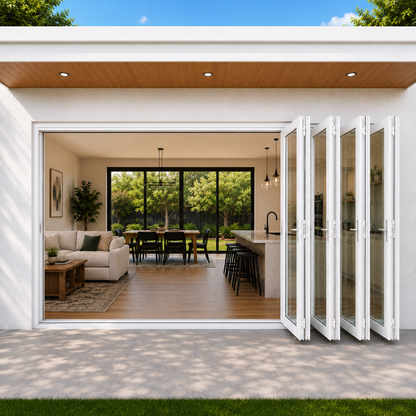 ROZAN 216 x 80 white aluminum bifold door with 7 panels, right-opening outswing configuration