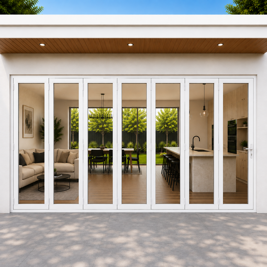 ROZAN 216 x 96 white aluminum bifold door with 7 panels, outswing configuration