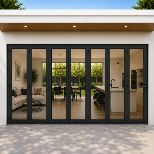 ROZAN 240 x 80 black aluminum bifold door with 7 panels and outswing folding operation