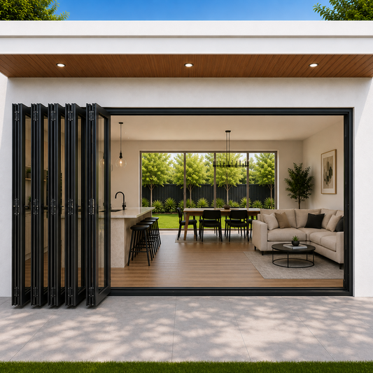 ROZAN 240 x 80 black aluminum bifold door with 7 panels and outswing left folding operation