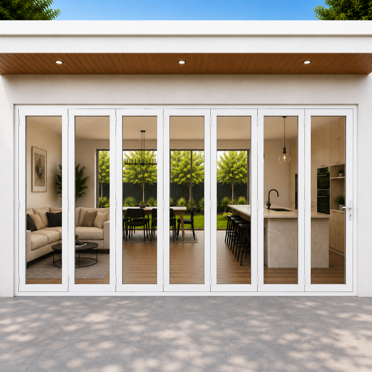 ROZAN 240 x 80 white aluminum bifold door with 7 panels and outswing folding operation