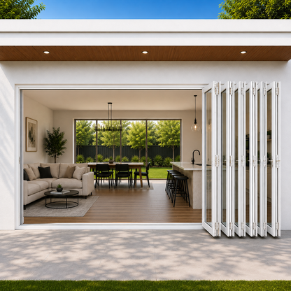 ROZAN 240 x 80 white aluminum bifold door with 7 panels and outswing right folding operation