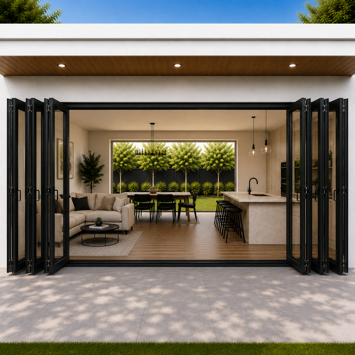 ROZAN 240 x 96 black aluminum bifold door with 6 panels, 3L3R outswing configuration