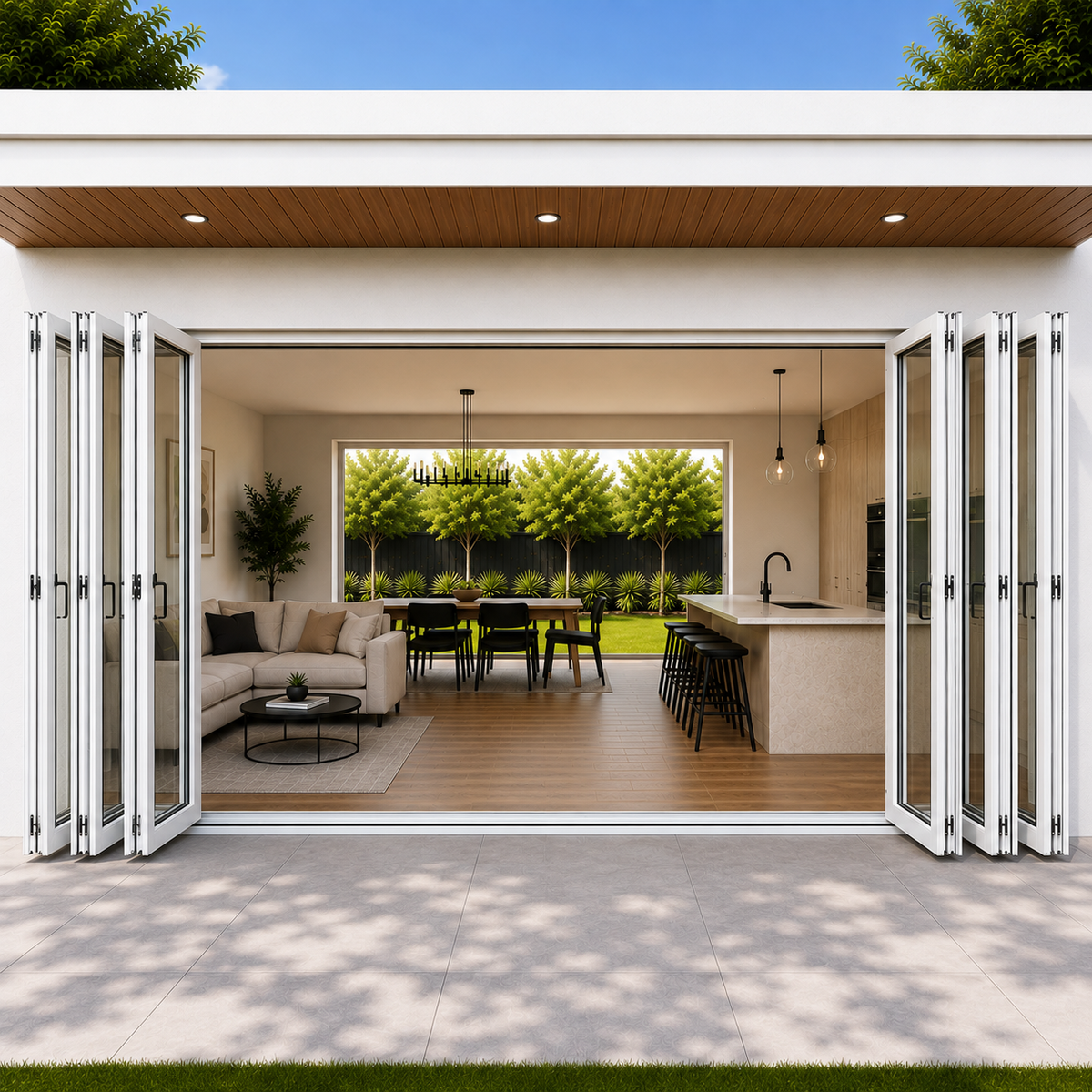ROZAN 240 x 96 white aluminum bifold door with 6 panels, 3L3R outswing configuration
