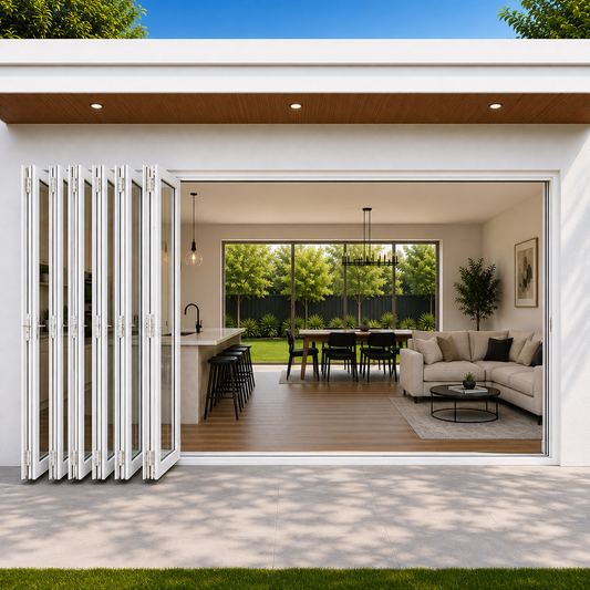 ROZAN 240 x 96 white aluminum bifold door with 7 panels and outswing left folding operation