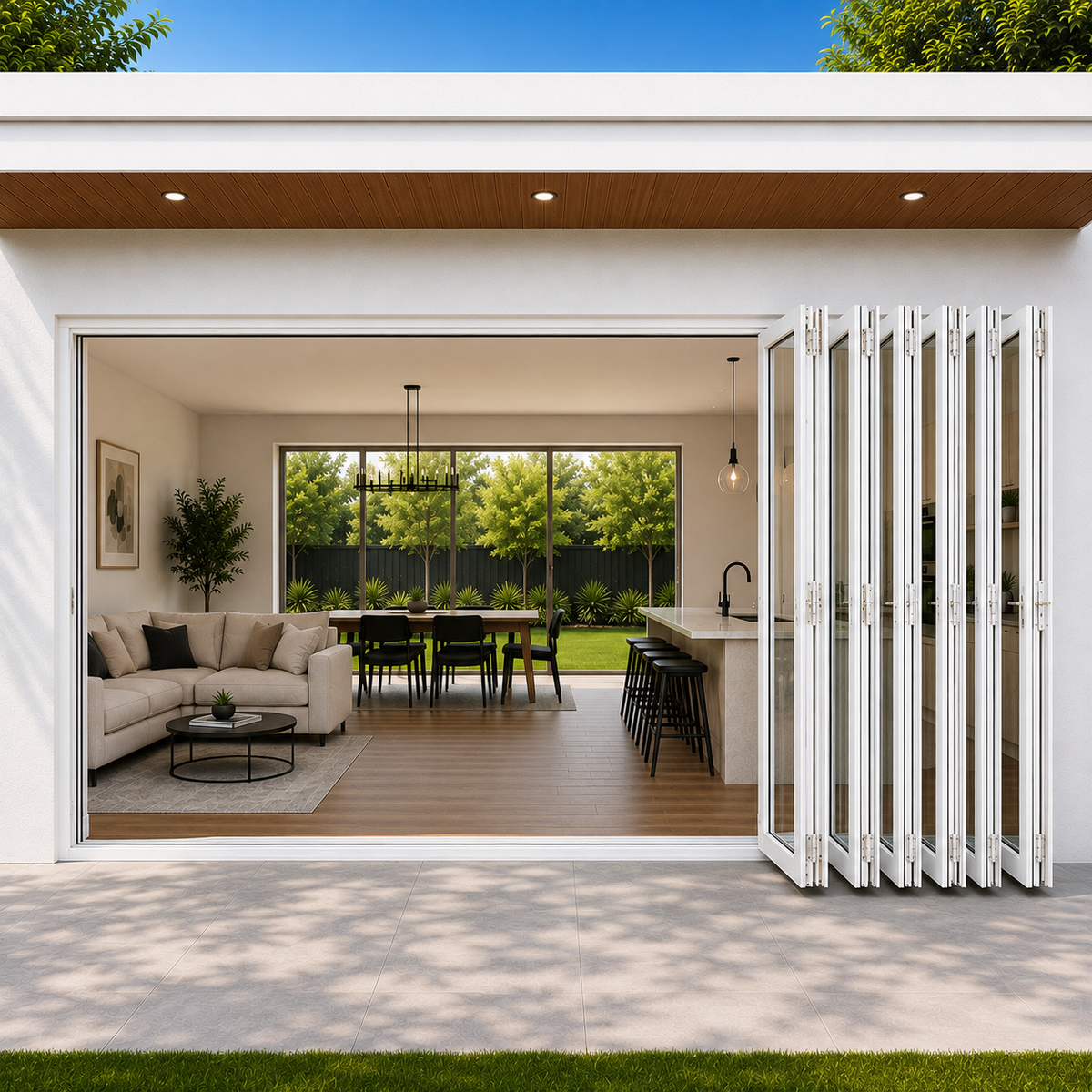 ROZAN 240 x 96 white aluminum bifold door with 7 panels and outswing right folding operation