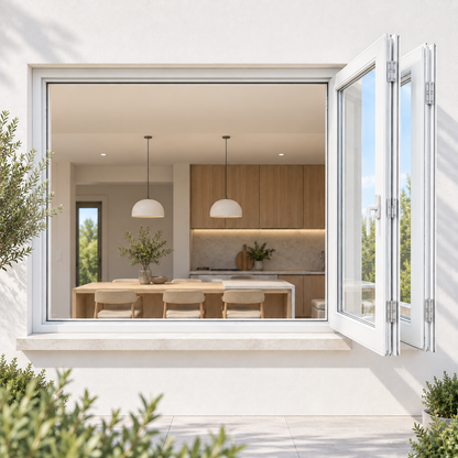 ROZAN 60 x 42 white aluminum bifold window connecting an interior space with an outdoor patio