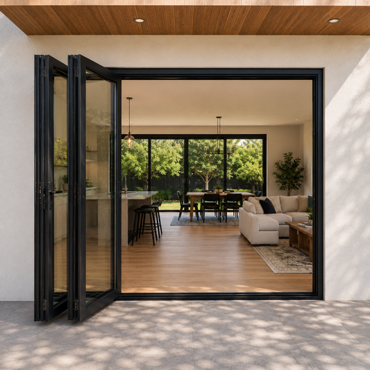 ROZAN 60 x 80 black aluminum bifold door with 2 panels, left-opening outswing configuration