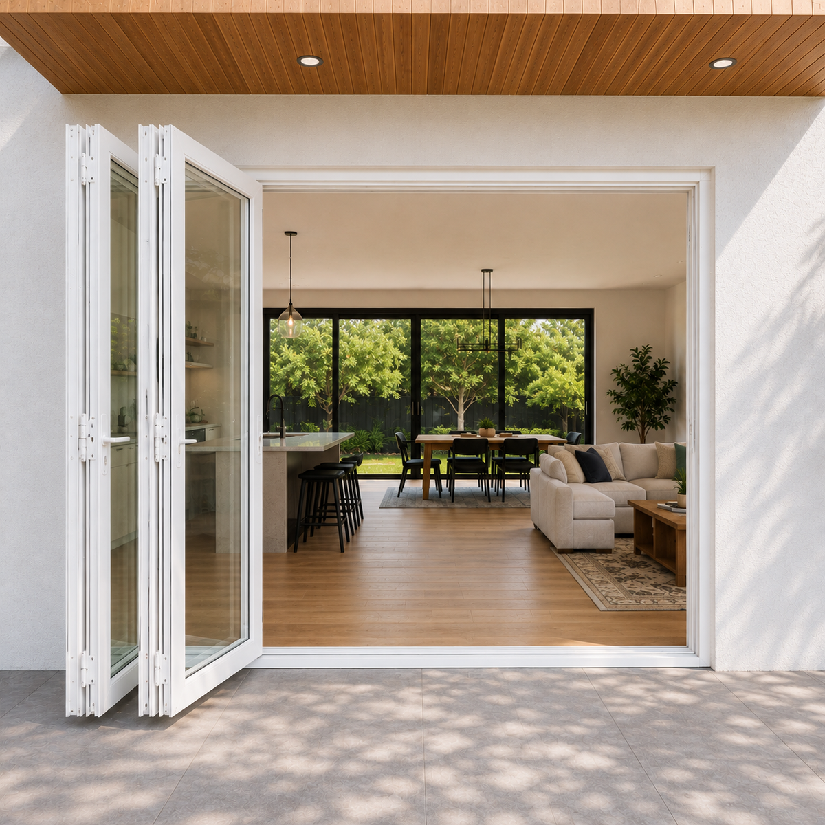 ROZAN 60 x 80 white aluminum bifold door with 2 panels, left-opening outswing configuration