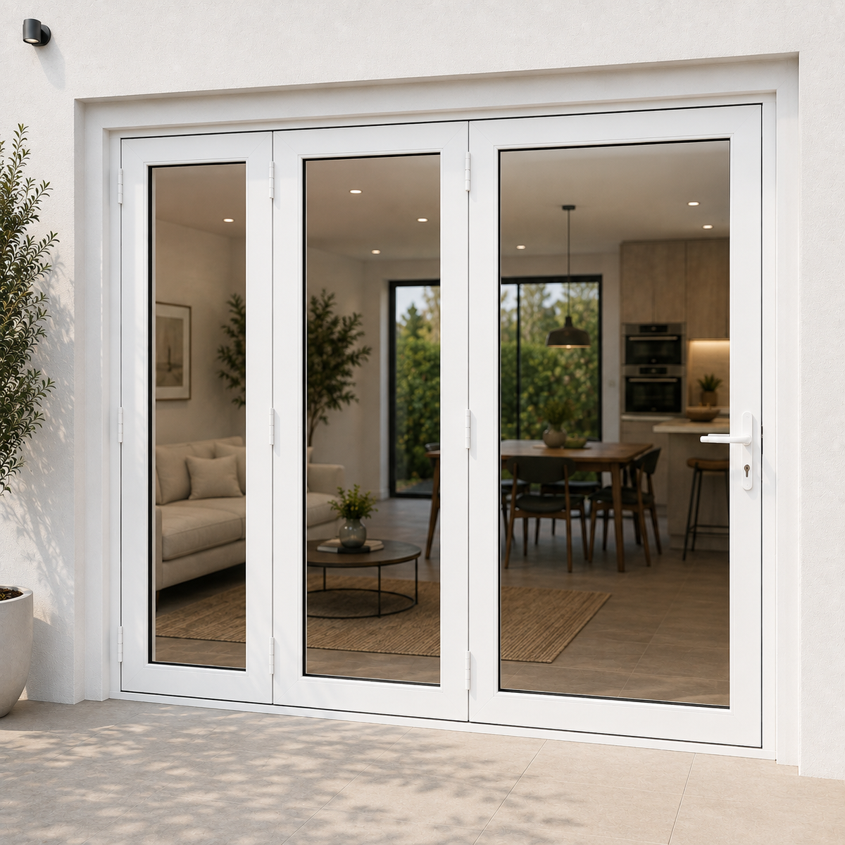 ROZAN 72 x 80 white aluminum bifold door with 3 panels, outswing configuration