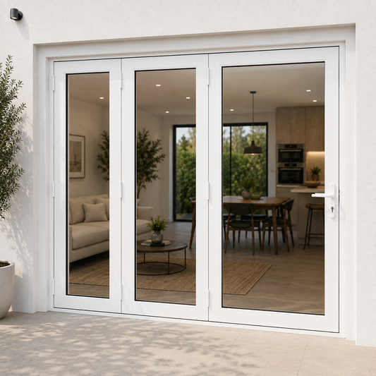 ROZAN 72 x 80 white aluminum bifold door with 3 panels, outswing configuration