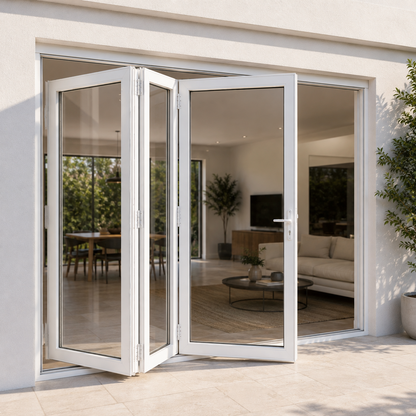 ROZAN 72 x 80 white aluminum bifold door with 3 panels, left-opening outswing configuration