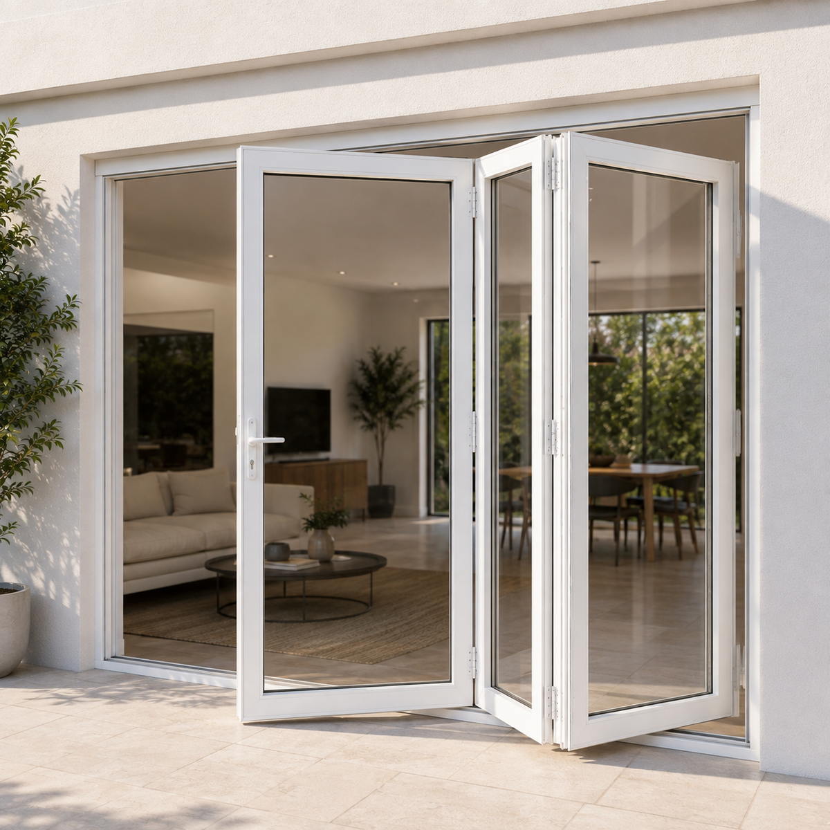 ROZAN 72 x 80 white aluminum bifold door with 3 panels, right-opening outswing configuration