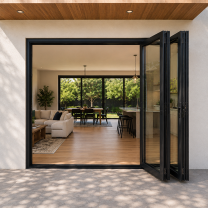 ROZAN 72 x 96 black aluminum bifold door with 2 panels, right-opening outswing configuration