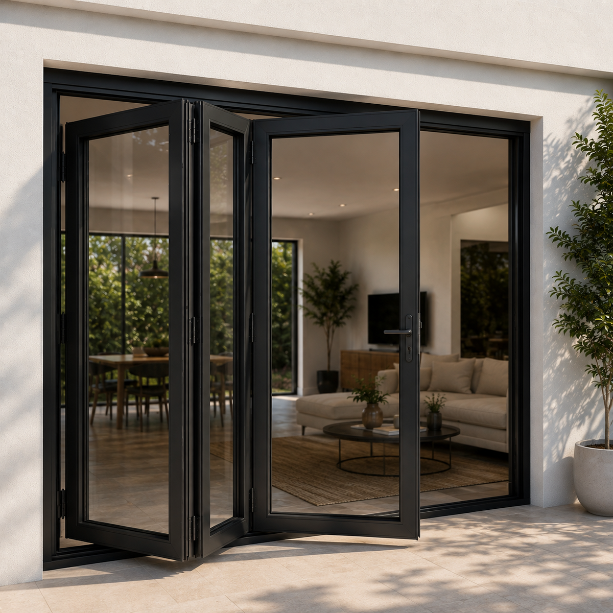 ROZAN 72 x 96 black aluminum bifold door with 3 panels, left-opening outswing configuration