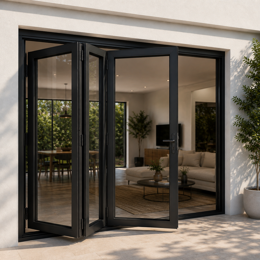ROZAN 72 x 96 black aluminum bifold door with 3 panels, left-opening outswing configuration