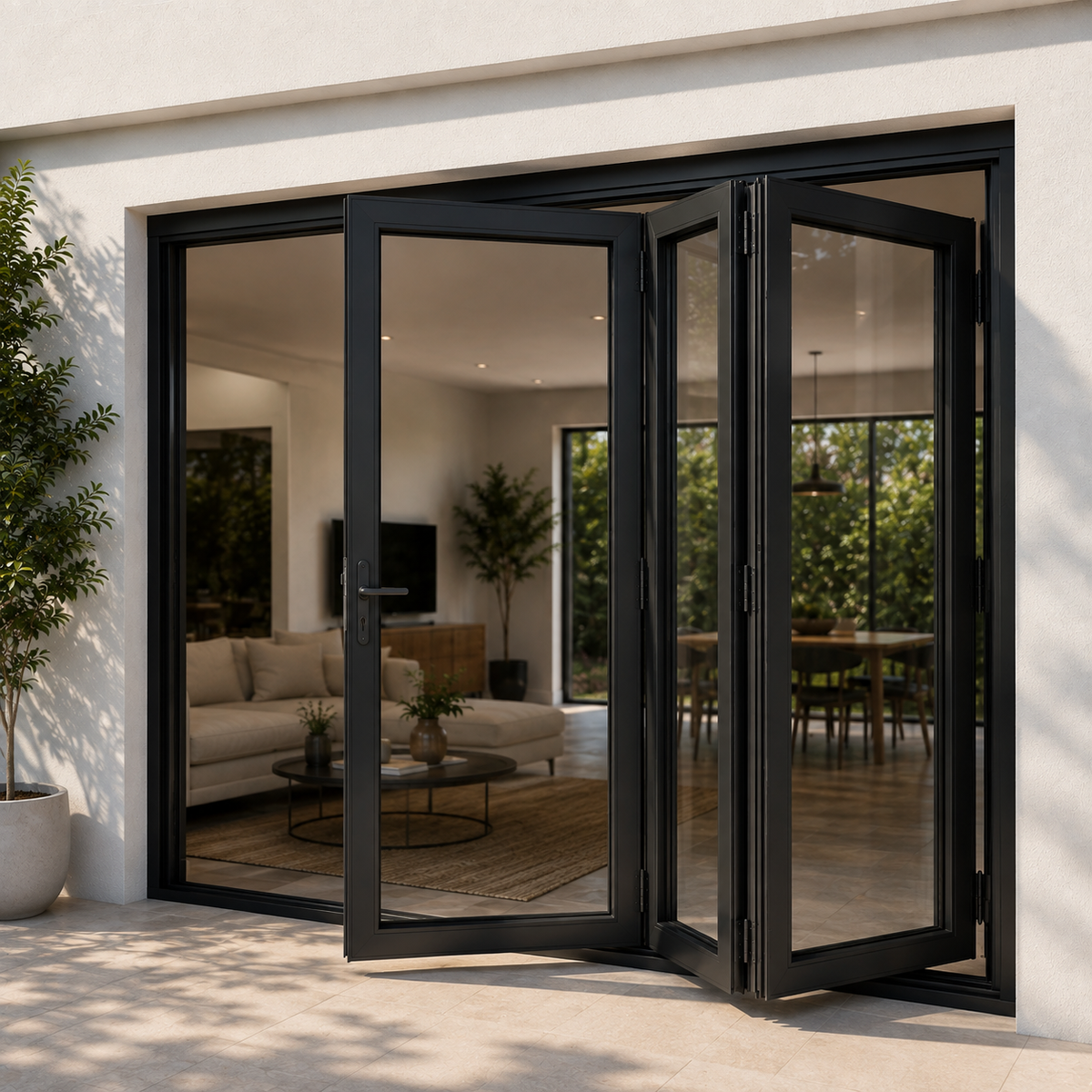 ROZAN 72 x 96 black aluminum bifold door with 3 panels, right-opening outswing configuration