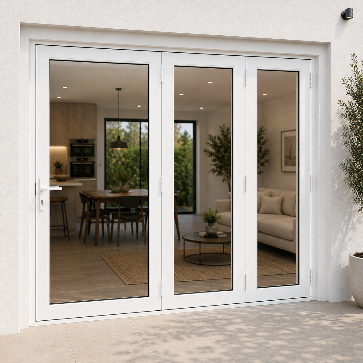 ROZAN 72 x 96 white aluminum bifold door with 3 panels, outswing configuration
