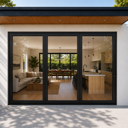 ROZAN 96 x 80 black aluminum bifold door with 3 panels, outswing configuration