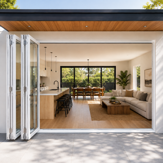 ROZAN 96 x 80 white aluminum bifold door with 3 panels, left-opening outswing configuration