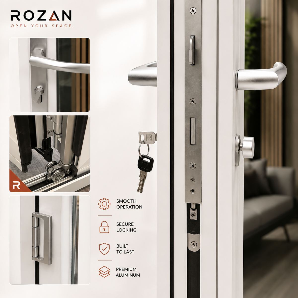 White aluminum bifold door handle, multi-point locking system, hinge and stainless steel roller hardware