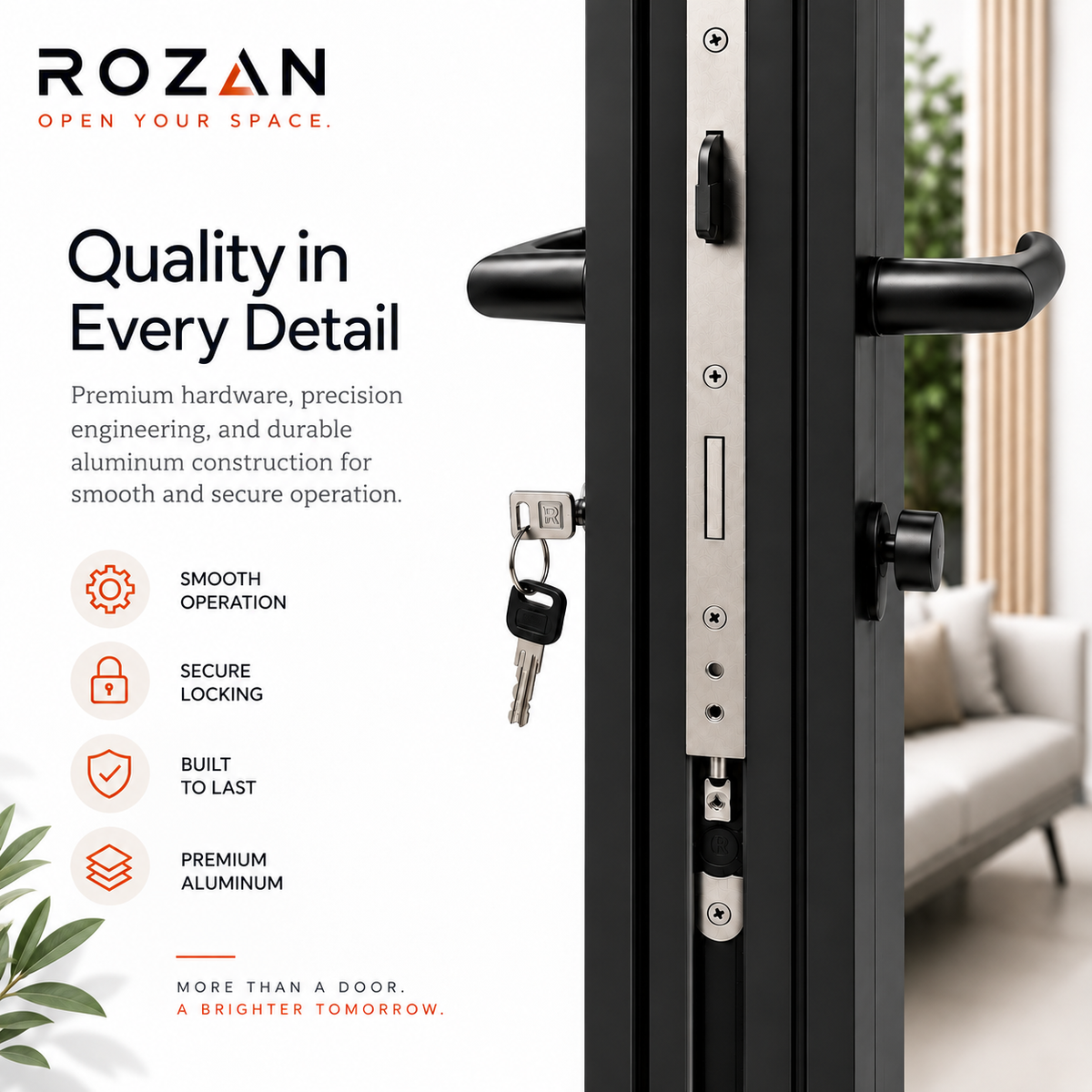 Rozan premium aluminum door handle and lockset with keys. 