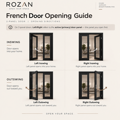 French Door Opening Guide' by ROZAN, showing four panel door opening directions: Left/Right Inswing, Left/Right Outswing